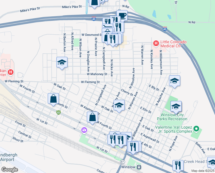 map of restaurants, bars, coffee shops, grocery stores, and more near 517 West Cherry Street in Winslow