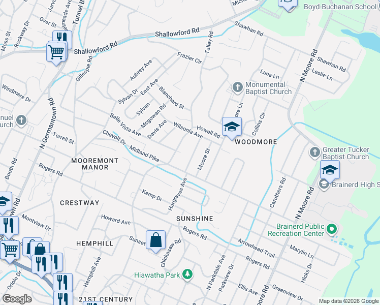 map of restaurants, bars, coffee shops, grocery stores, and more near 713 Hargraves Avenue in Chattanooga