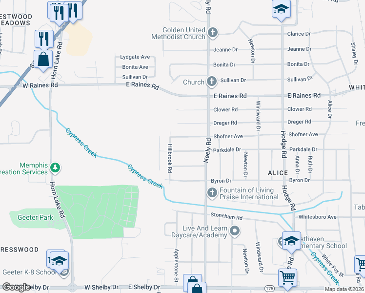map of restaurants, bars, coffee shops, grocery stores, and more near 166 Parkdale Drive in Memphis