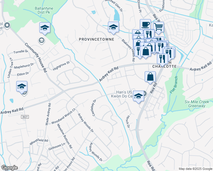 map of restaurants, bars, coffee shops, grocery stores, and more near 9007 Fairbridge Road in Charlotte