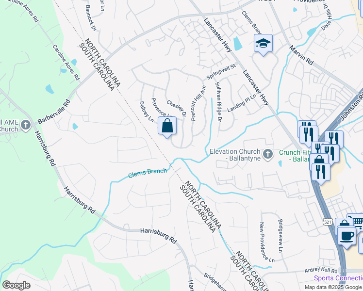 map of restaurants, bars, coffee shops, grocery stores, and more near 12538 Chesley Drive in Charlotte