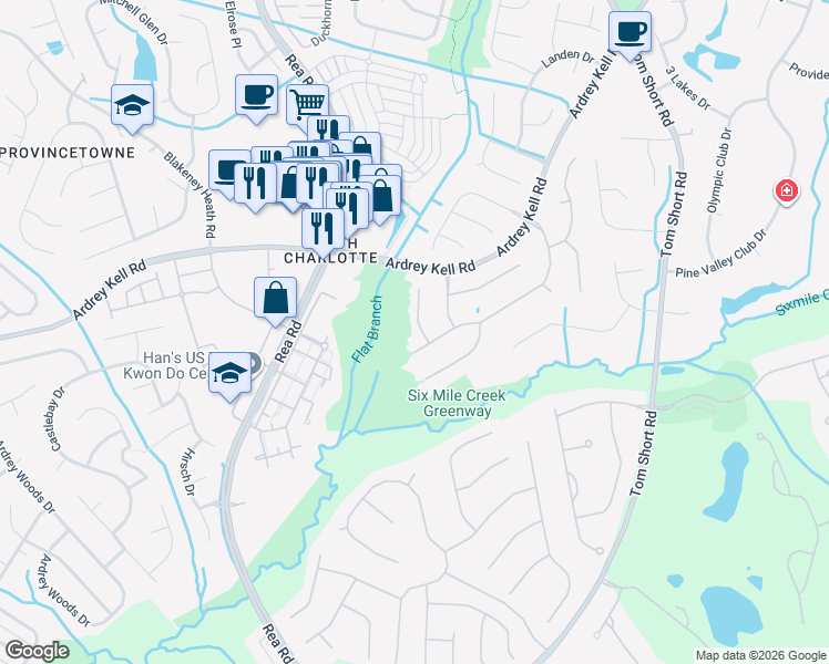 map of restaurants, bars, coffee shops, grocery stores, and more near 12444 Covington Court in Charlotte