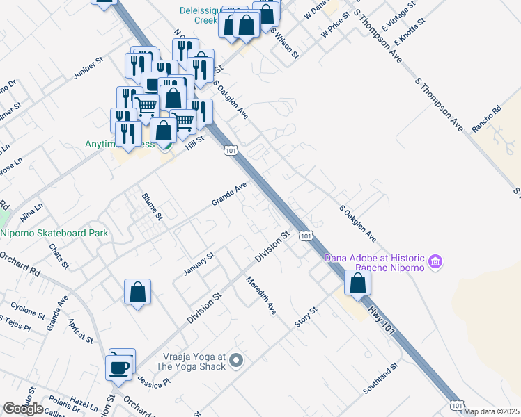 map of restaurants, bars, coffee shops, grocery stores, and more near 544 Linnet Lane in Nipomo