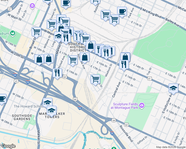 map of restaurants, bars, coffee shops, grocery stores, and more near 564 East 18th Street in Chattanooga