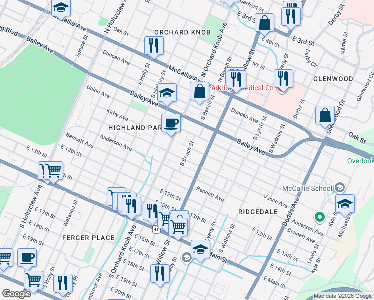 map of restaurants, bars, coffee shops, grocery stores, and more near 710 South Beech Street in Chattanooga