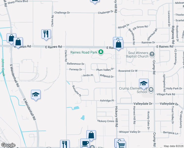 map of restaurants, bars, coffee shops, grocery stores, and more near 5764 Jardin Place in Memphis