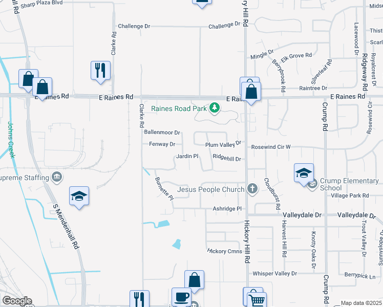 map of restaurants, bars, coffee shops, grocery stores, and more near 5764 Jardin Place in Memphis
