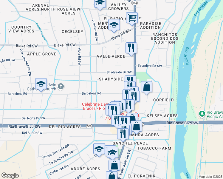 map of restaurants, bars, coffee shops, grocery stores, and more near 1727 Barcelona Road Southwest in Albuquerque