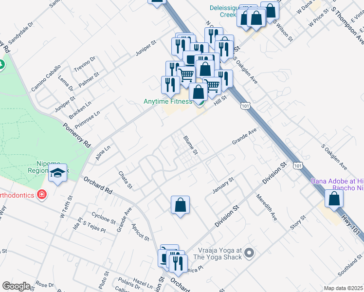 map of restaurants, bars, coffee shops, grocery stores, and more near 238 Blume Street in Nipomo