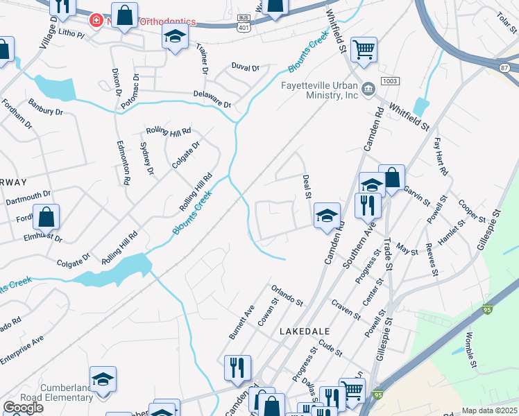 map of restaurants, bars, coffee shops, grocery stores, and more near 1603 Stonewood Drive in Fayetteville