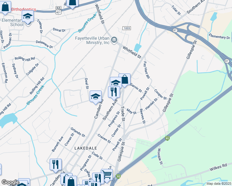 map of restaurants, bars, coffee shops, grocery stores, and more near 1062 Southern Avenue in Fayetteville