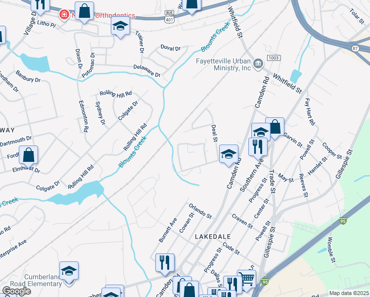 map of restaurants, bars, coffee shops, grocery stores, and more near 1508 Timberrock Court in Fayetteville