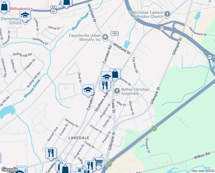 map of restaurants, bars, coffee shops, grocery stores, and more near 1068 Southern Ave in Fayetteville