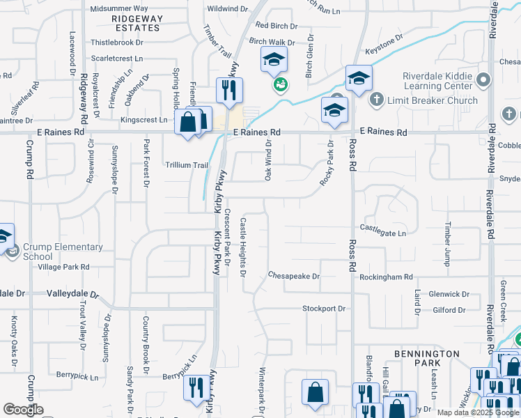 map of restaurants, bars, coffee shops, grocery stores, and more near 4305 Castle Heights Drive in Memphis