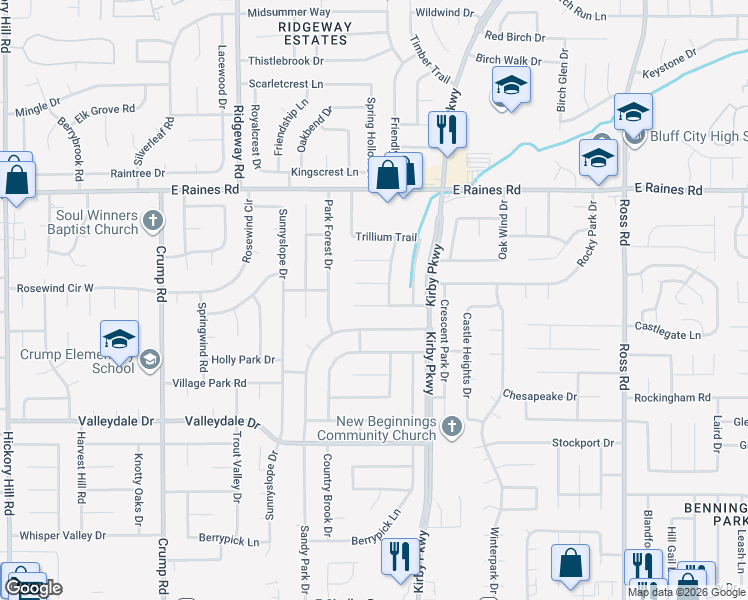 map of restaurants, bars, coffee shops, grocery stores, and more near 6378 Treadway Trail in Memphis