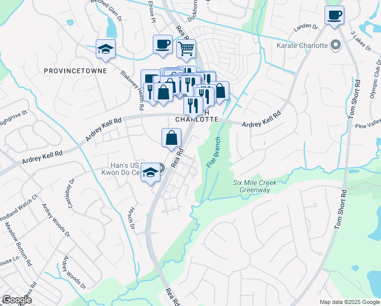 map of restaurants, bars, coffee shops, grocery stores, and more near 10315 Rea Road in Charlotte