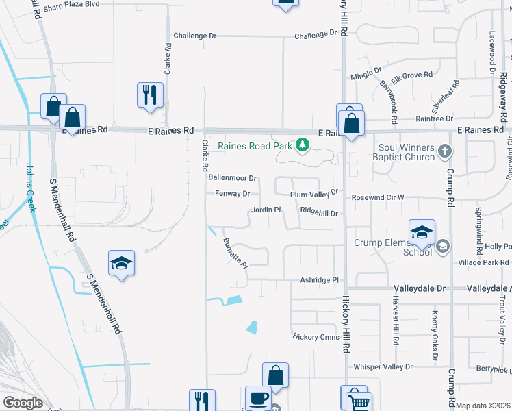 map of restaurants, bars, coffee shops, grocery stores, and more near 5732 Jardin Place in Memphis