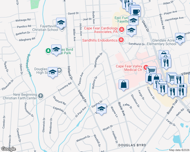 map of restaurants, bars, coffee shops, grocery stores, and more near 1132 Wellons Drive in Fayetteville