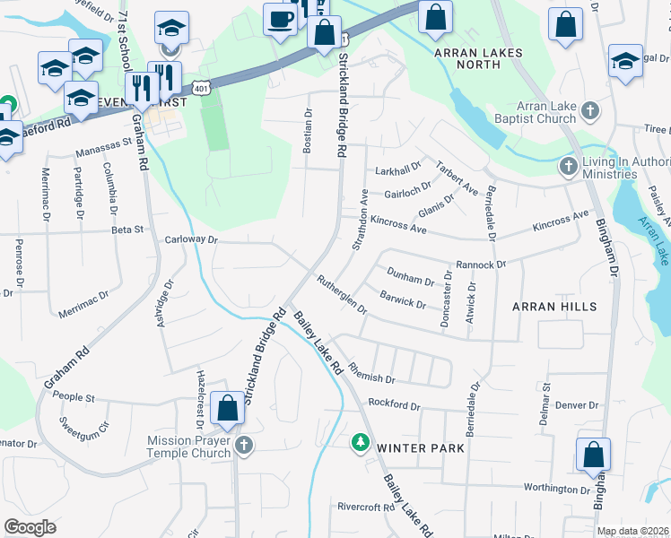 map of restaurants, bars, coffee shops, grocery stores, and more near 1132 Strathdon Avenue in Fayetteville