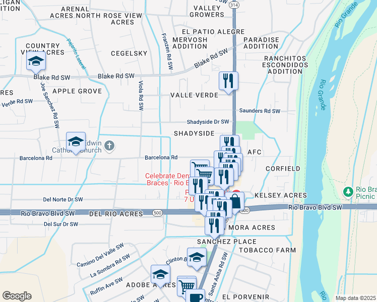 map of restaurants, bars, coffee shops, grocery stores, and more near 1727 Barcelona Road Southwest in Albuquerque