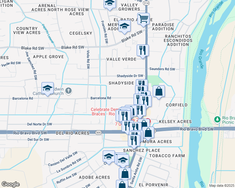 map of restaurants, bars, coffee shops, grocery stores, and more near 1727 Barcelona Road Southwest in Albuquerque