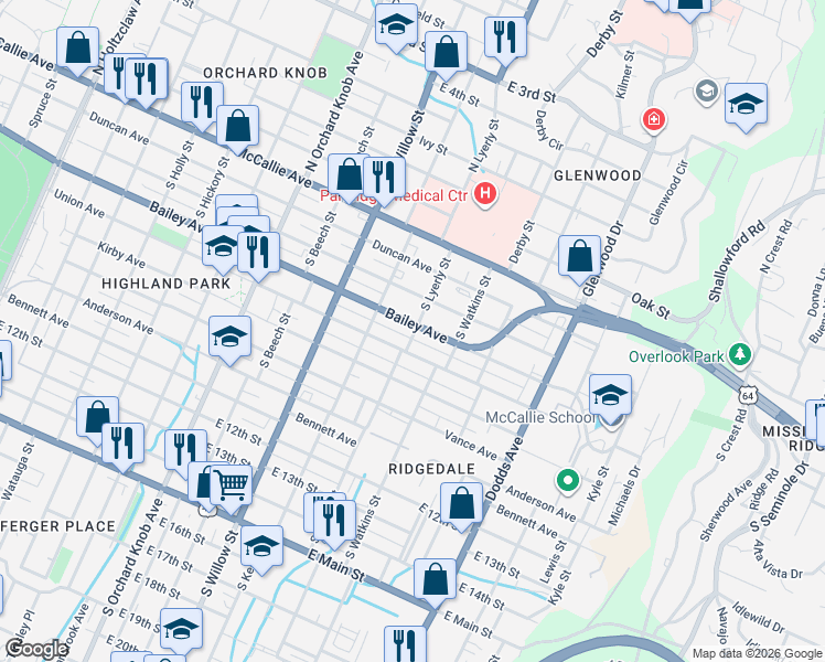 map of restaurants, bars, coffee shops, grocery stores, and more near 2218 Bailey Avenue in Chattanooga