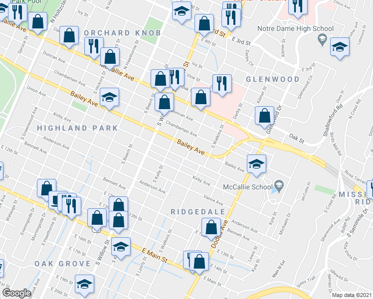 map of restaurants, bars, coffee shops, grocery stores, and more near 2218 Bailey Avenue in Chattanooga