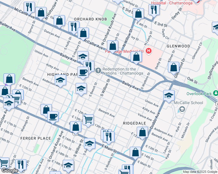 map of restaurants, bars, coffee shops, grocery stores, and more near 2108 Union Avenue in Chattanooga