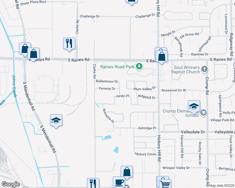map of restaurants, bars, coffee shops, grocery stores, and more near 5732 Jardin Place in Memphis