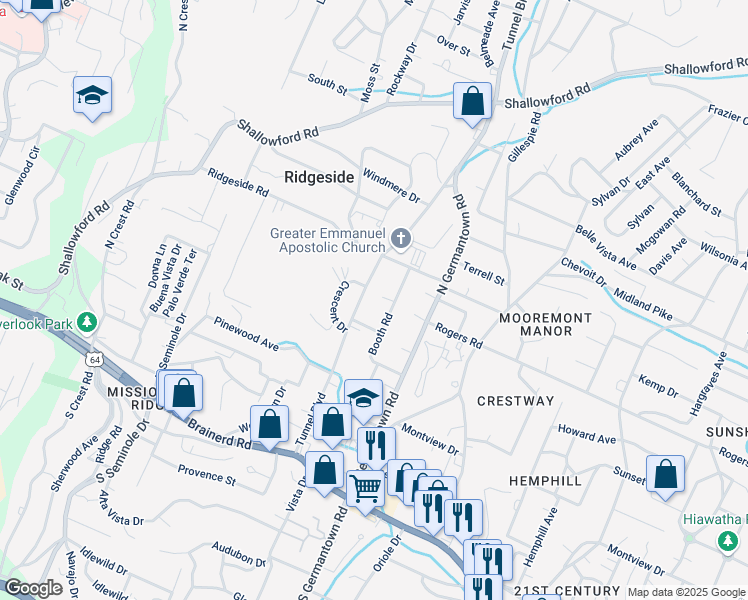 map of restaurants, bars, coffee shops, grocery stores, and more near 312 Tunnel Boulevard in Chattanooga