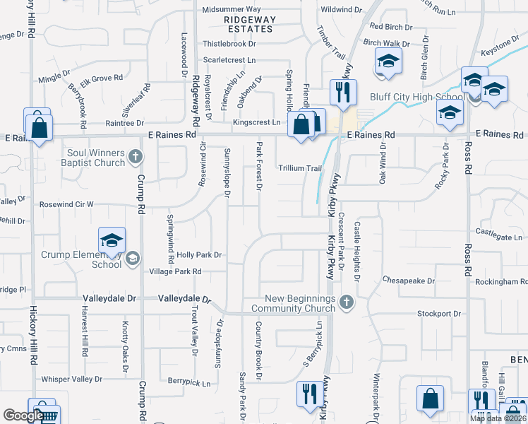 map of restaurants, bars, coffee shops, grocery stores, and more near 4309 Park Forest Drive in Memphis