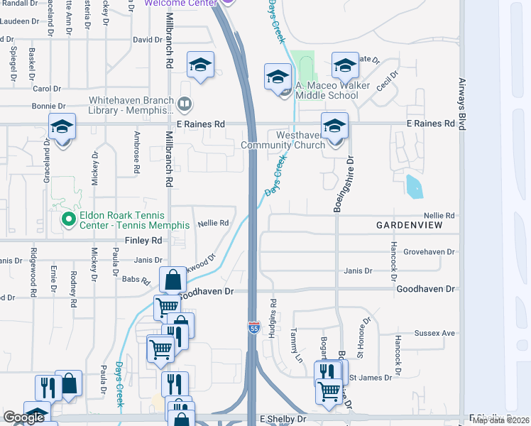 map of restaurants, bars, coffee shops, grocery stores, and more near 4311 Hudgins Road in Memphis