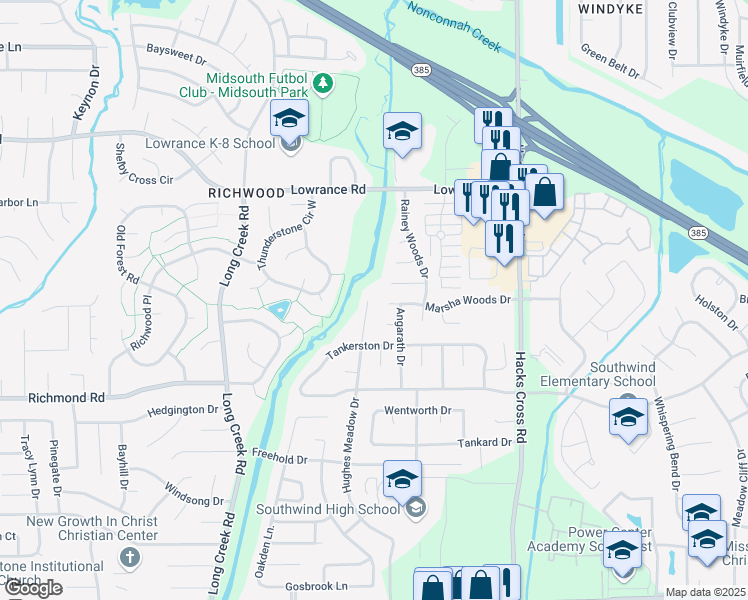 map of restaurants, bars, coffee shops, grocery stores, and more near 4294 Hughes Meadow Cove in Memphis