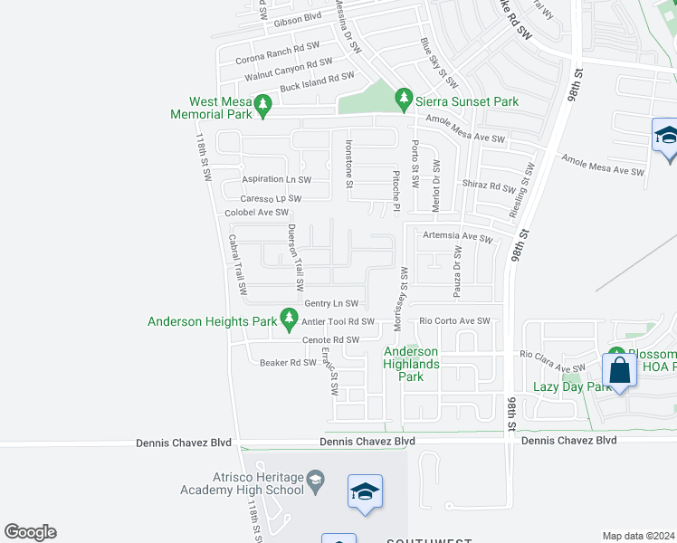 map of restaurants, bars, coffee shops, grocery stores, and more near 10652 Humphries Lane Southwest in Albuquerque
