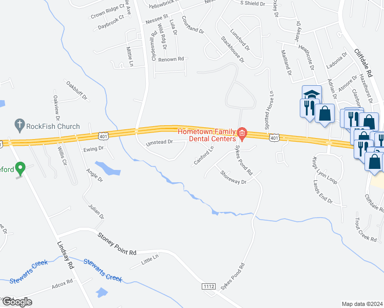 map of restaurants, bars, coffee shops, grocery stores, and more near 5408 Frostwood Place in Fayetteville