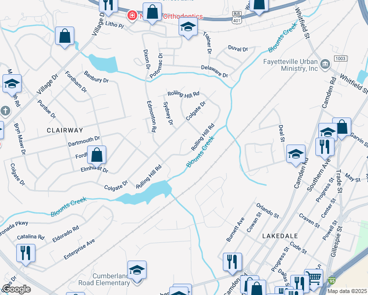 map of restaurants, bars, coffee shops, grocery stores, and more near 2707 Compton Place in Fayetteville