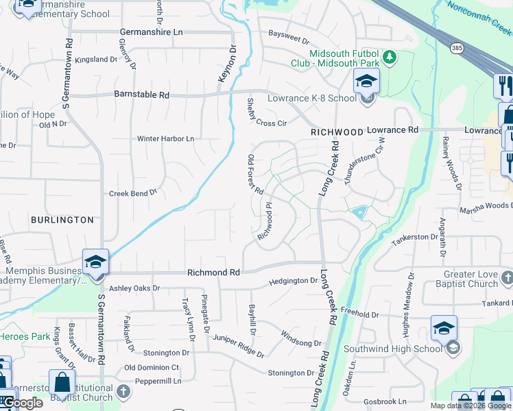 map of restaurants, bars, coffee shops, grocery stores, and more near 7501 Quicksilver Cove in Memphis