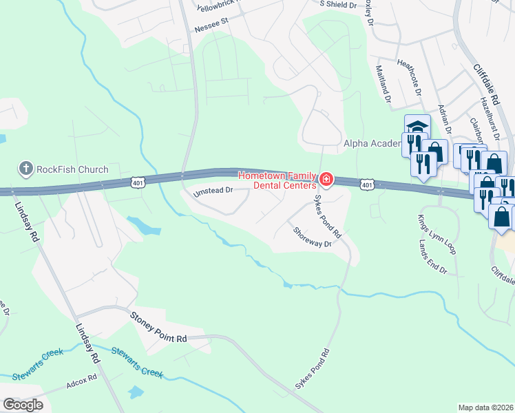 map of restaurants, bars, coffee shops, grocery stores, and more near 5408 Frostwood Place in Fayetteville