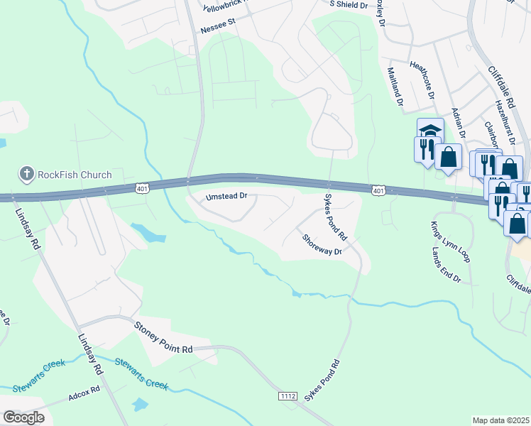 map of restaurants, bars, coffee shops, grocery stores, and more near 5408 Frostwood Place in Fayetteville