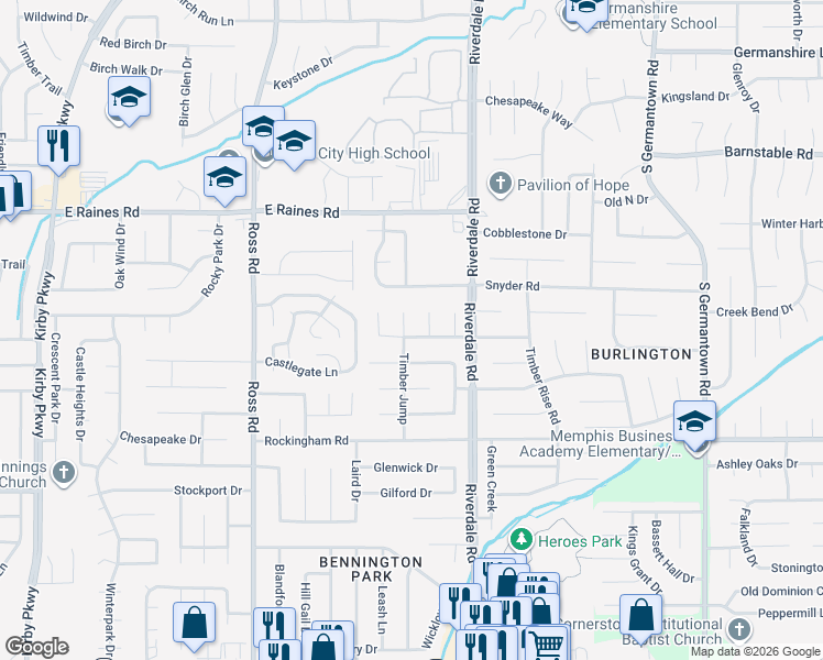map of restaurants, bars, coffee shops, grocery stores, and more near 6884 Fox Hedge in Memphis