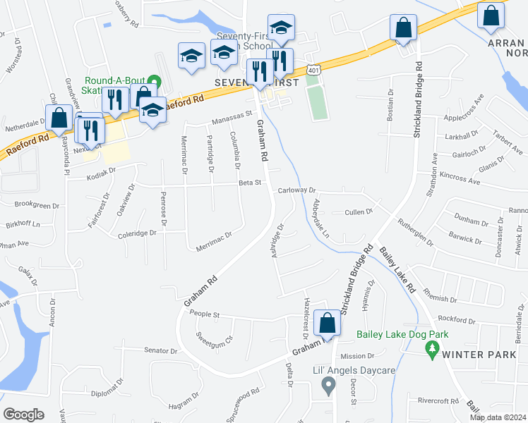 map of restaurants, bars, coffee shops, grocery stores, and more near 2050 Graham Road in Fayetteville