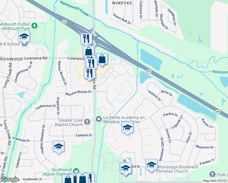 map of restaurants, bars, coffee shops, grocery stores, and more near 8111 Meadowmoor Cove in Memphis