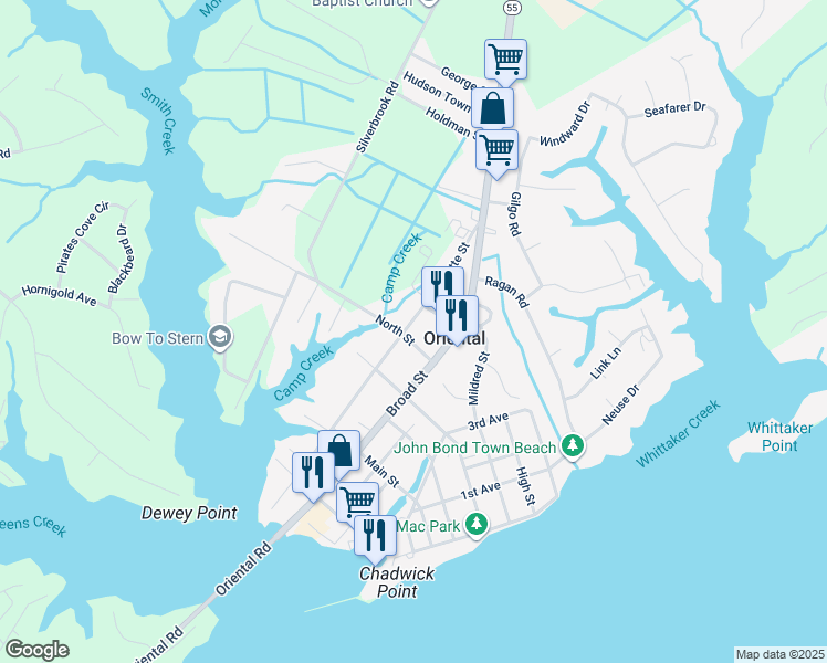 map of restaurants, bars, coffee shops, grocery stores, and more near 508 North Street in Oriental