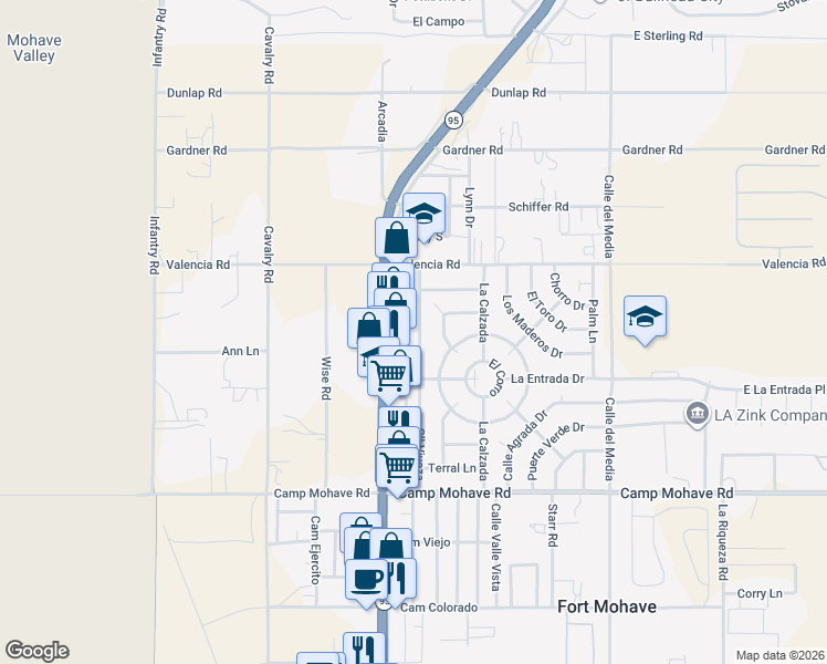 map of restaurants, bars, coffee shops, grocery stores, and more near 4327 Calle Viveza in Fort Mohave
