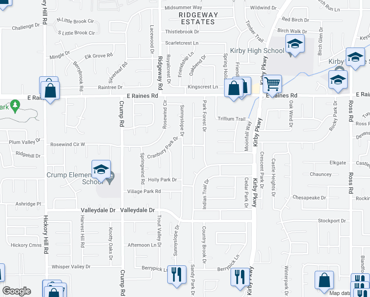 map of restaurants, bars, coffee shops, grocery stores, and more near 4300 Sunnyslope Drive in Memphis