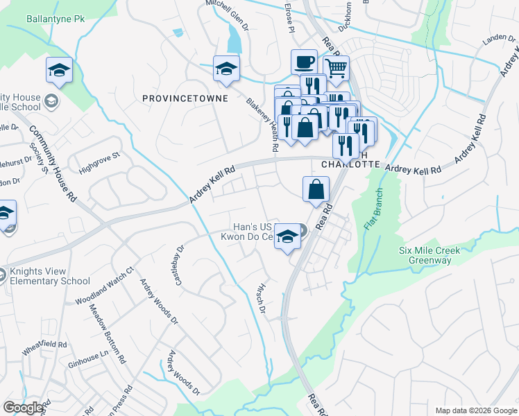 map of restaurants, bars, coffee shops, grocery stores, and more near 10146 Blakeney Preserve Drive in Charlotte