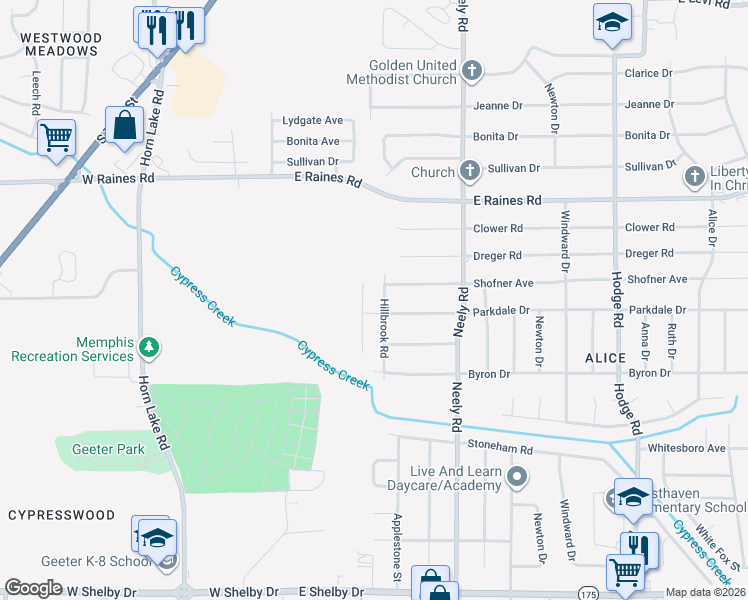 map of restaurants, bars, coffee shops, grocery stores, and more near 4311 Hillbrook Road in Memphis