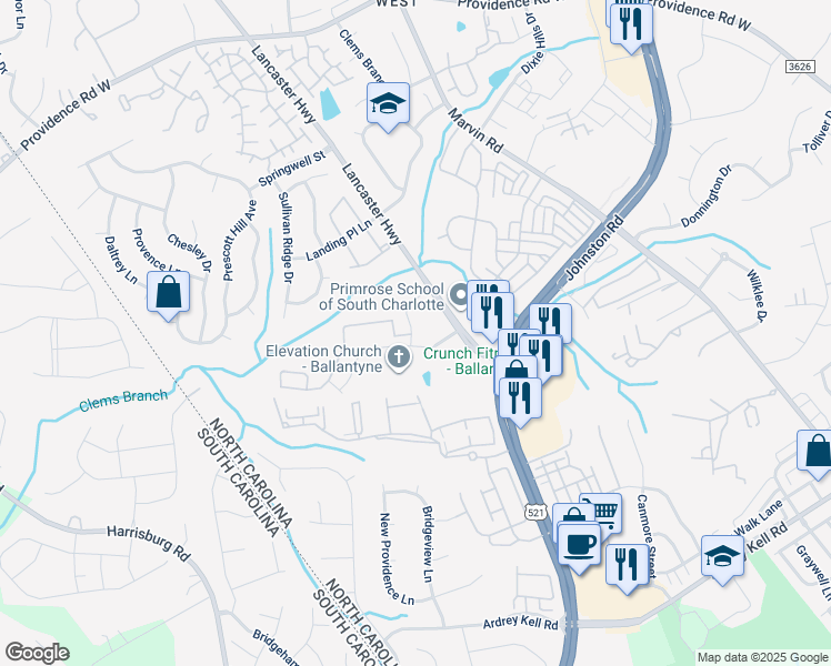 map of restaurants, bars, coffee shops, grocery stores, and more near 15912 Lancaster Highway in Charlotte