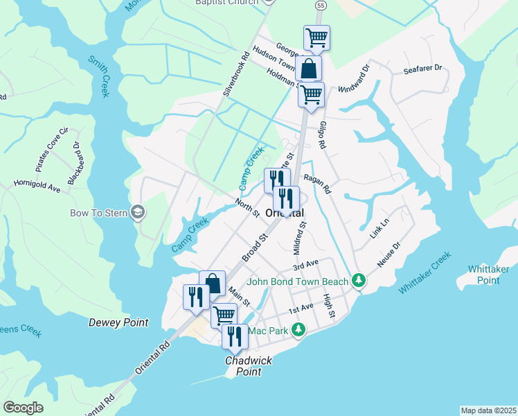 map of restaurants, bars, coffee shops, grocery stores, and more near 508 North Street in Oriental