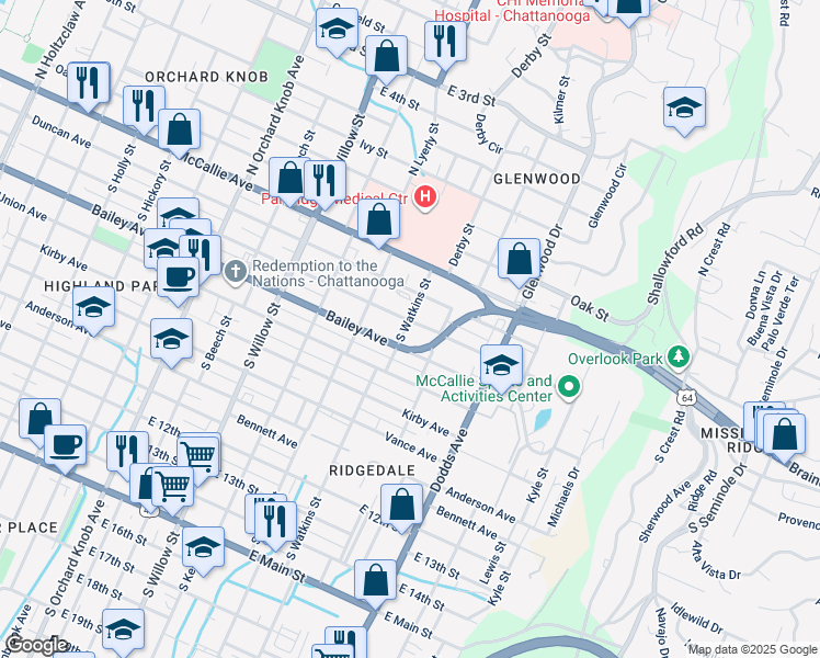 map of restaurants, bars, coffee shops, grocery stores, and more near 2430 Chamberlain Avenue in Chattanooga